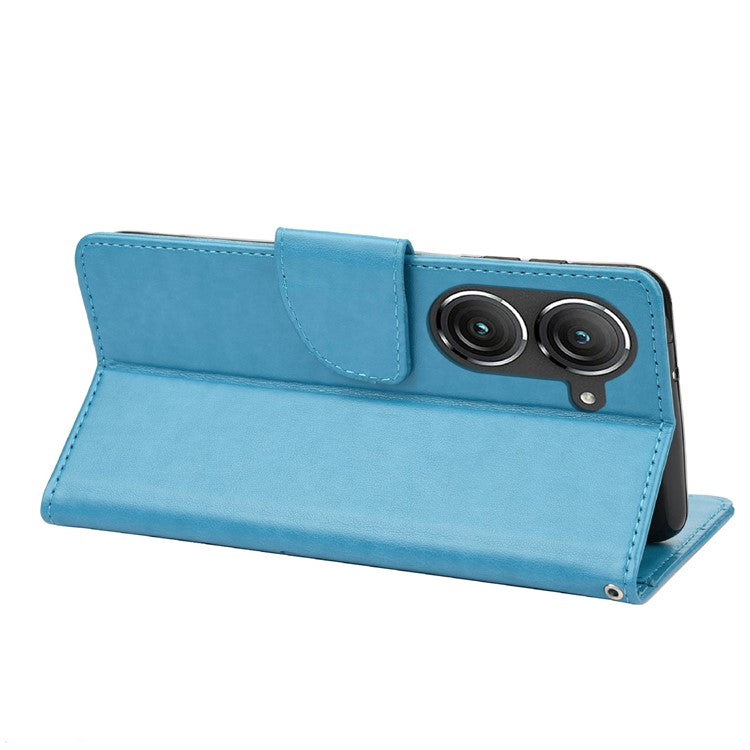 For Asus Zenfone 9 5G PU Leather Wallet Case Imprinting Flower Butterflies Magnetic Closure Stand Flip Cover with Strap - Blue
