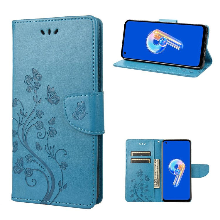 For Asus Zenfone 9 5G PU Leather Wallet Case Imprinting Flower Butterflies Magnetic Closure Stand Flip Cover with Strap - Blue