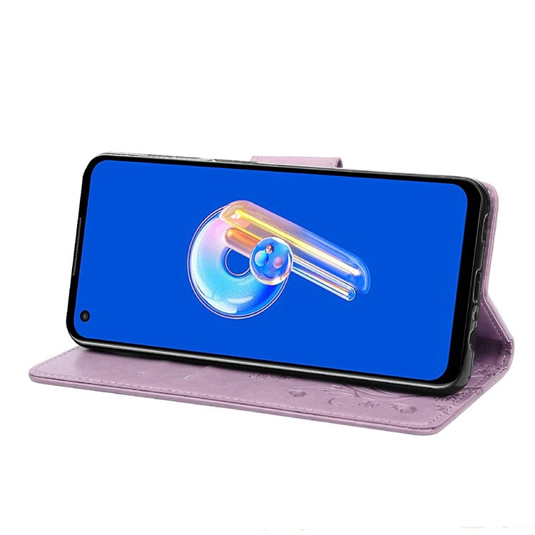 For Asus Zenfone 9 5G PU Leather Wallet Case Imprinting Flower Butterflies Magnetic Closure Stand Flip Cover with Strap - Light Purple