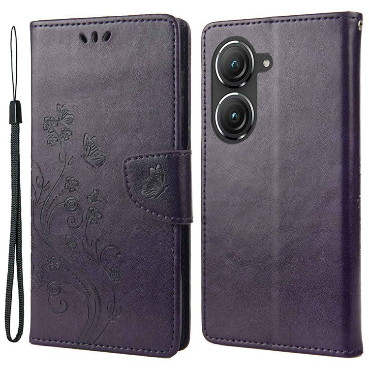 For Asus Zenfone 9 5G PU Leather Wallet Case Imprinting Flower Butterflies Magnetic Closure Stand Flip Cover with Strap - Purple