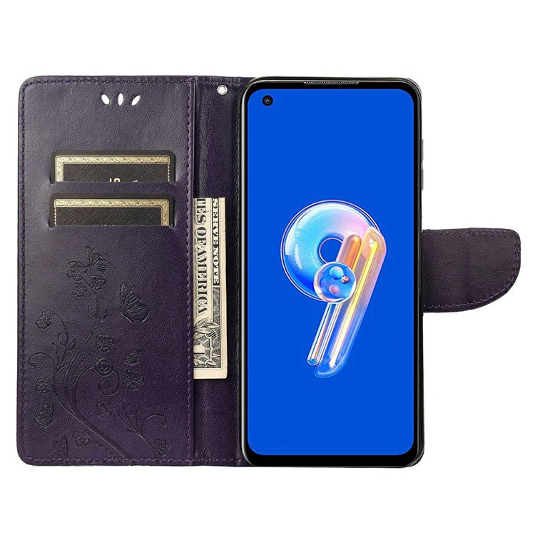 For Asus Zenfone 9 5G PU Leather Wallet Case Imprinting Flower Butterflies Magnetic Closure Stand Flip Cover with Strap - Purple