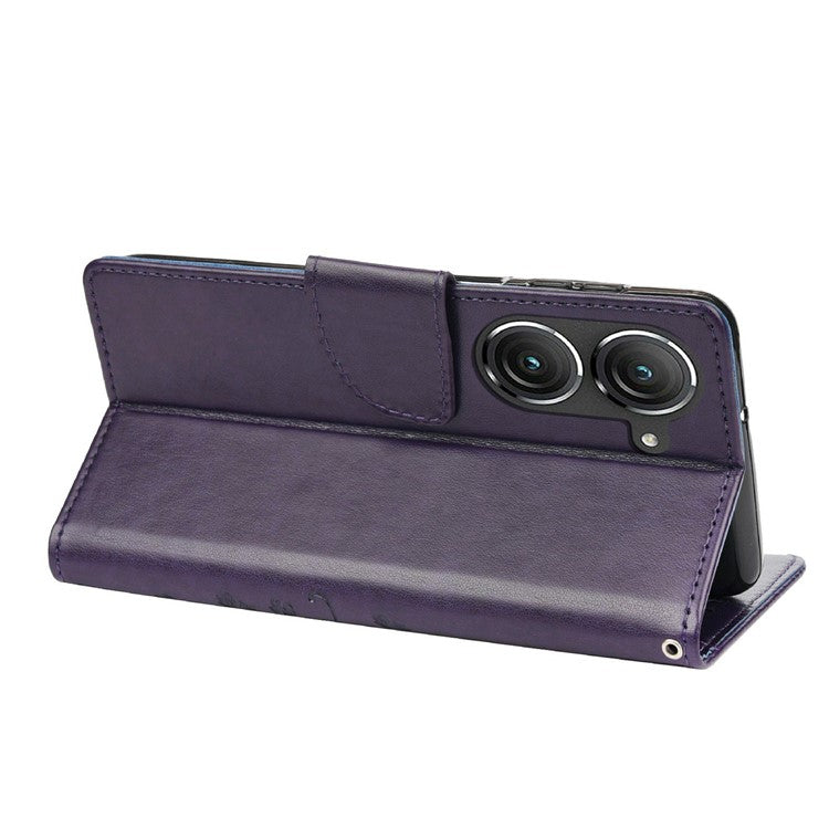 For Asus Zenfone 9 5G PU Leather Wallet Case Imprinting Flower Butterflies Magnetic Closure Stand Flip Cover with Strap - Purple