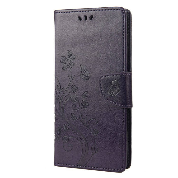 For Asus Zenfone 9 5G PU Leather Wallet Case Imprinting Flower Butterflies Magnetic Closure Stand Flip Cover with Strap - Purple