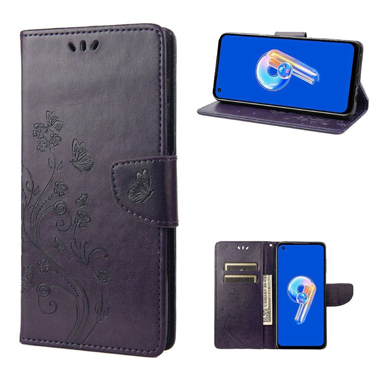 For Asus Zenfone 9 5G PU Leather Wallet Case Imprinting Flower Butterflies Magnetic Closure Stand Flip Cover with Strap - Purple