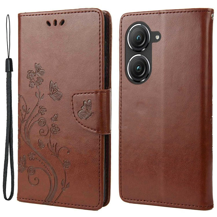 For Asus Zenfone 9 5G PU Leather Wallet Case Imprinting Flower Butterflies Magnetic Closure Stand Flip Cover with Strap - Brown