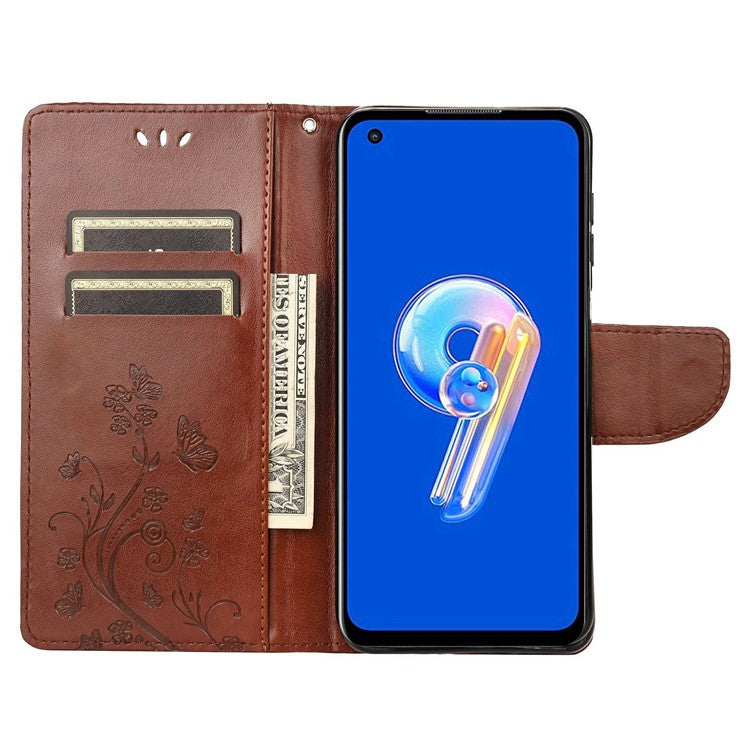 For Asus Zenfone 9 5G PU Leather Wallet Case Imprinting Flower Butterflies Magnetic Closure Stand Flip Cover with Strap - Brown