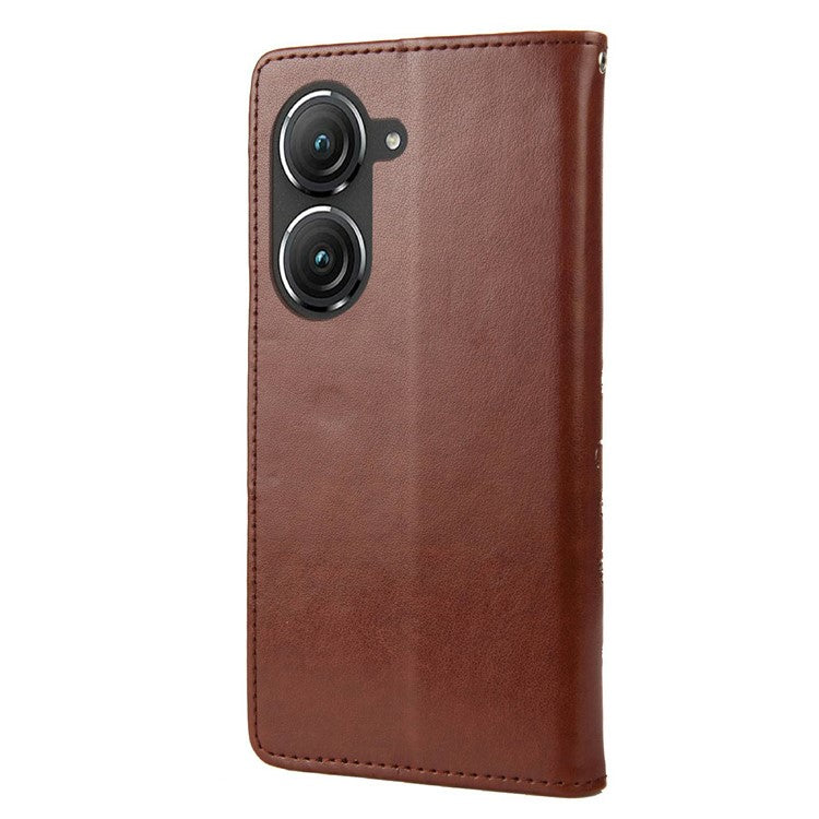 For Asus Zenfone 9 5G PU Leather Wallet Case Imprinting Flower Butterflies Magnetic Closure Stand Flip Cover with Strap - Brown
