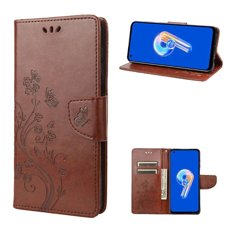 For Asus Zenfone 9 5G PU Leather Wallet Case Imprinting Flower Butterflies Magnetic Closure Stand Flip Cover with Strap - Brown