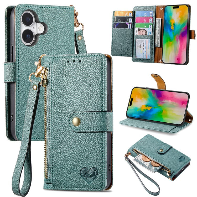 For iPhone 16 Plus Case RFID Blocking Zipper Pocket Leather Wallet Phone Cover - Green
