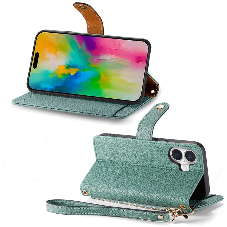 For iPhone 16 Plus Case RFID Blocking Zipper Pocket Leather Wallet Phone Cover - Green