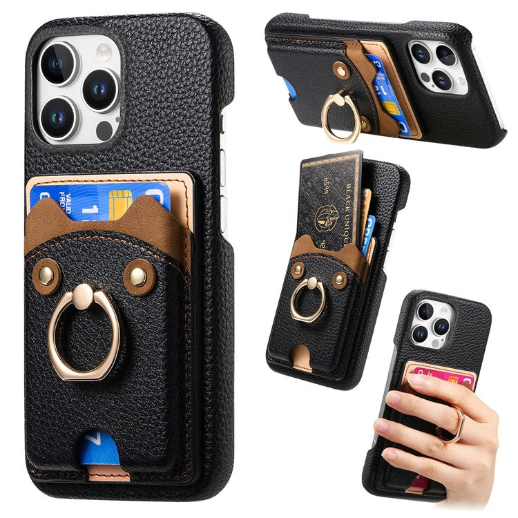 Y6 For iPhone 16 Pro Case Cute Bear Design PU Leather+TPU Card Holder Phone Cover - Black