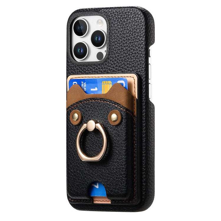 Y6 For iPhone 16 Pro Case Cute Bear Design PU Leather+TPU Card Holder Phone Cover - Black