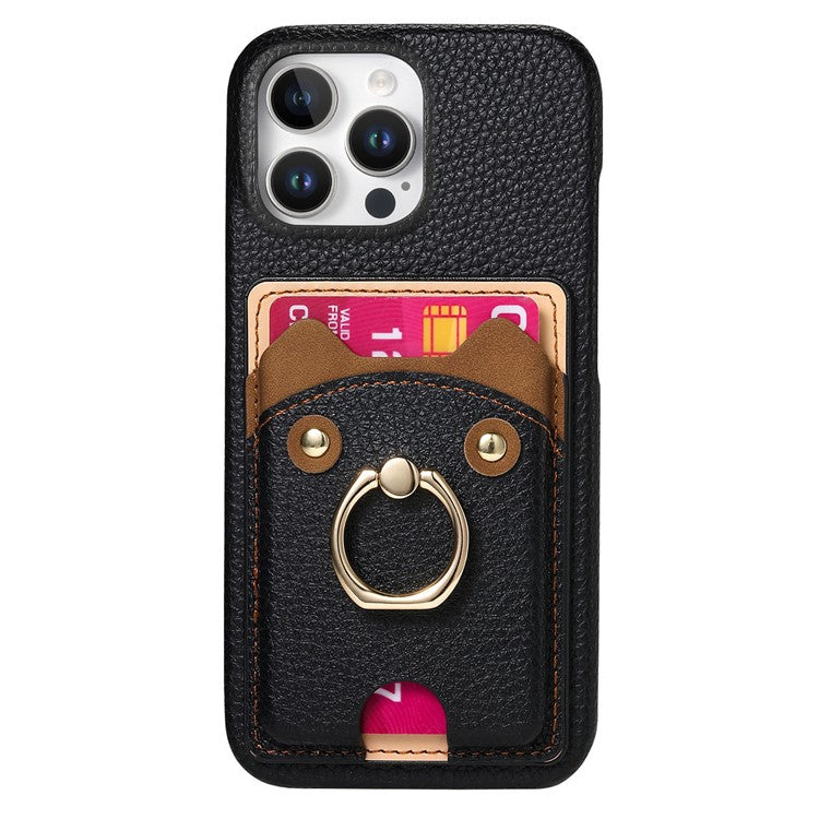 Y6 For iPhone 16 Pro Case Cute Bear Design PU Leather+TPU Card Holder Phone Cover - Black