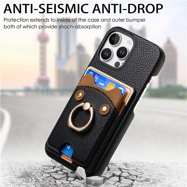 Y6 For iPhone 16 Pro Case Cute Bear Design PU Leather+TPU Card Holder Phone Cover - Black