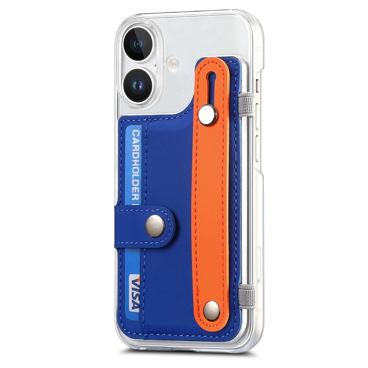 CY1 For iPhone 16 Case Card Slot Wristband Kickstand Leather+PC Phone Cover - Dark Blue