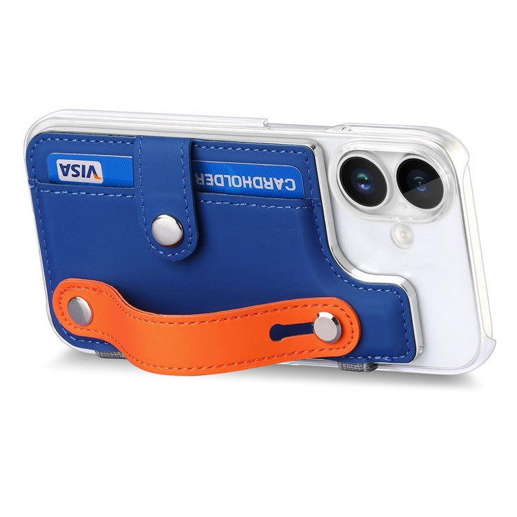 CY1 For iPhone 16 Case Card Slot Wristband Kickstand Leather+PC Phone Cover - Dark Blue