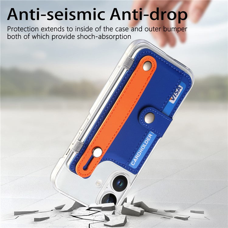 CY1 For iPhone 16 Case Card Slot Wristband Kickstand Leather+PC Phone Cover - Dark Blue