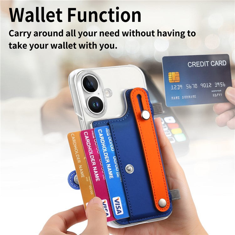 CY1 For iPhone 16 Case Card Slot Wristband Kickstand Leather+PC Phone Cover - Dark Blue