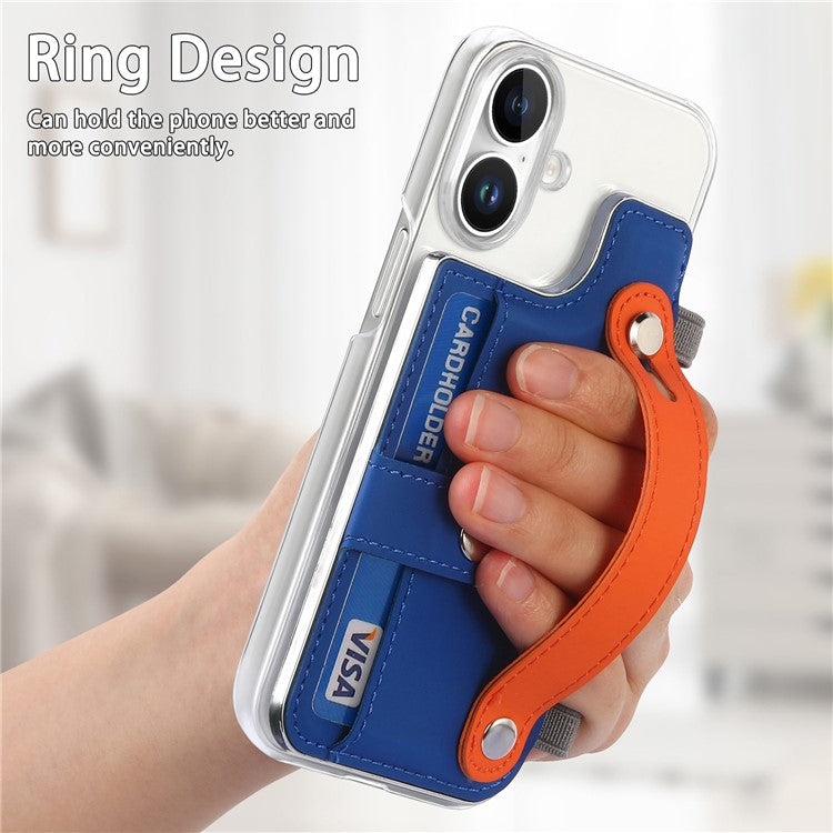 CY1 For iPhone 16 Case Card Slot Wristband Kickstand Leather+PC Phone Cover - Dark Blue