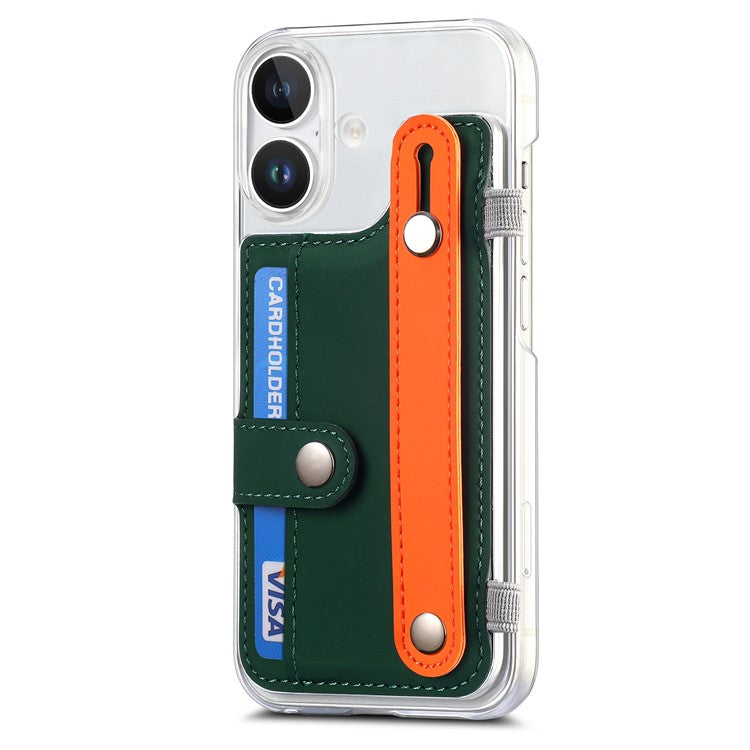 CY1 For iPhone 16 Case Card Slot Wristband Kickstand Leather+PC Phone Cover - Green