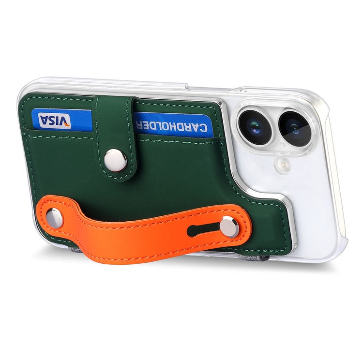 CY1 For iPhone 16 Case Card Slot Wristband Kickstand Leather+PC Phone Cover - Green