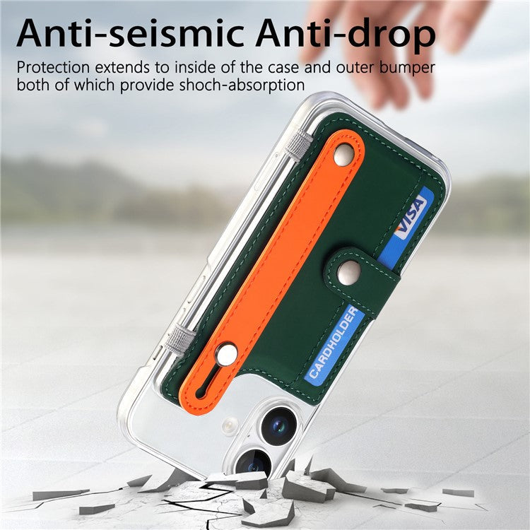CY1 For iPhone 16 Case Card Slot Wristband Kickstand Leather+PC Phone Cover - Green