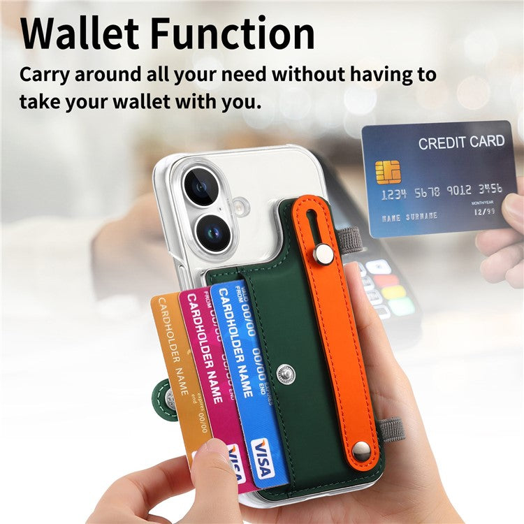 CY1 For iPhone 16 Case Card Slot Wristband Kickstand Leather+PC Phone Cover - Green