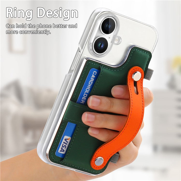 CY1 For iPhone 16 Case Card Slot Wristband Kickstand Leather+PC Phone Cover - Green