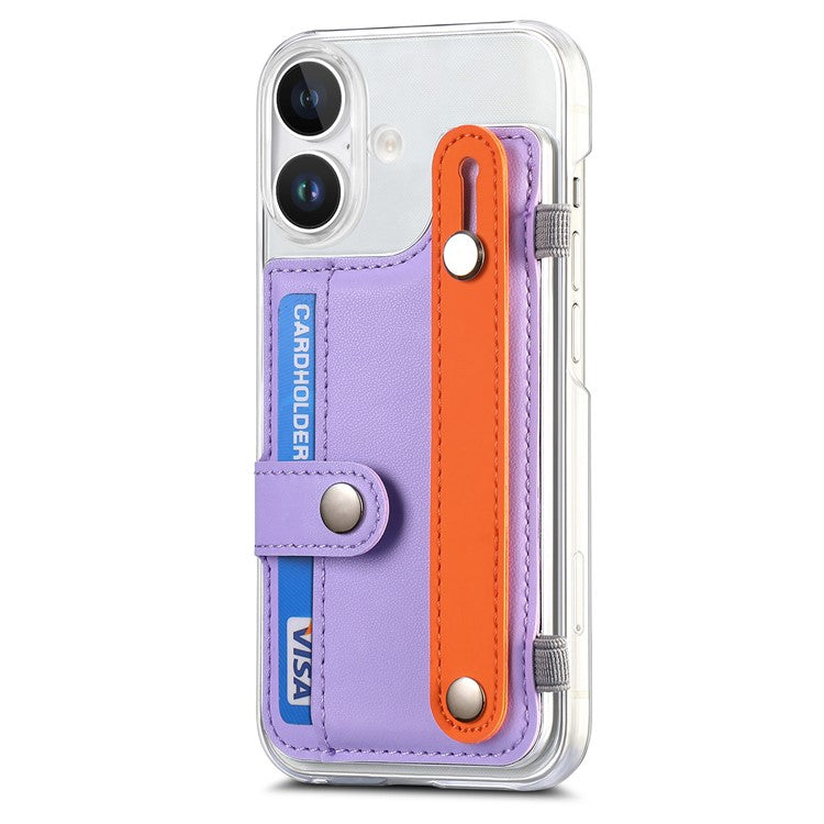 CY1 For iPhone 16 Plus Case Card Slot Wristband Kickstand Leather+PC Phone Cover - Purple