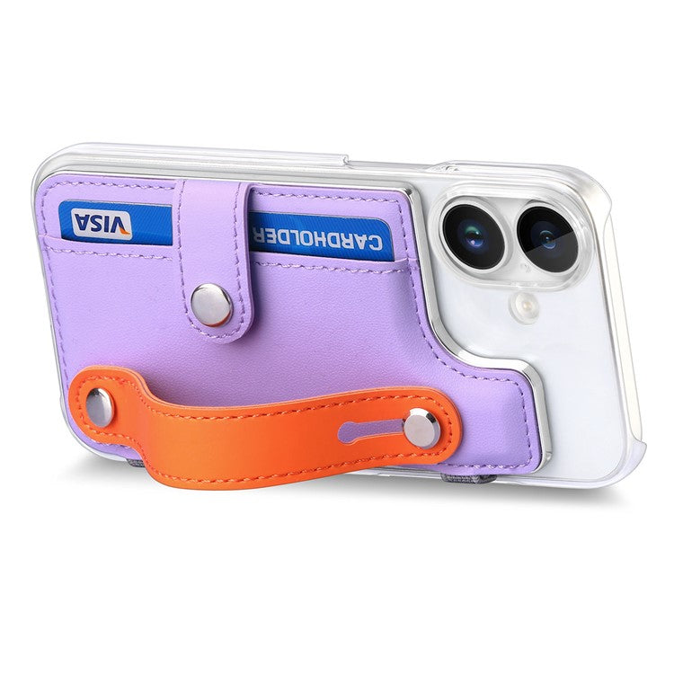 CY1 For iPhone 16 Plus Case Card Slot Wristband Kickstand Leather+PC Phone Cover - Purple