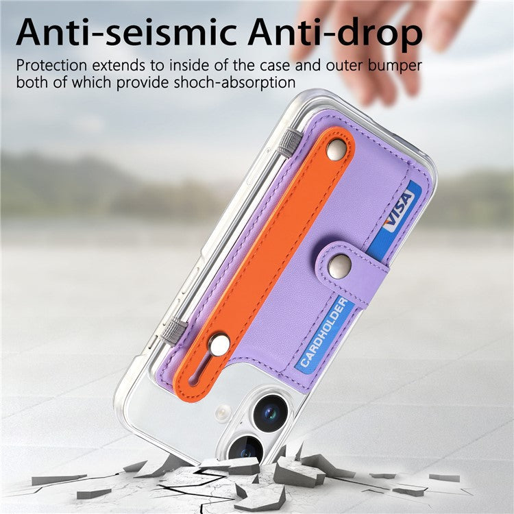 CY1 For iPhone 16 Plus Case Card Slot Wristband Kickstand Leather+PC Phone Cover - Purple