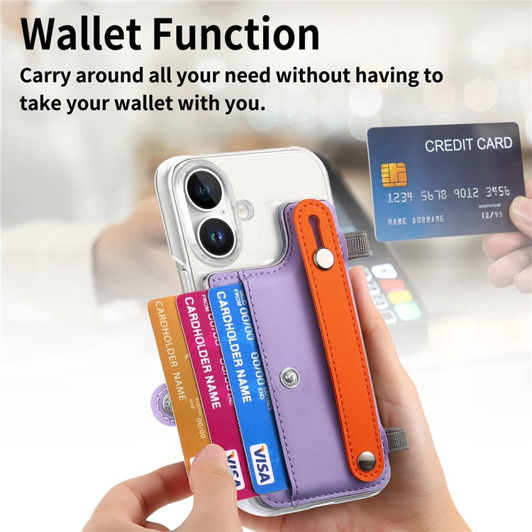 CY1 For iPhone 16 Plus Case Card Slot Wristband Kickstand Leather+PC Phone Cover - Purple