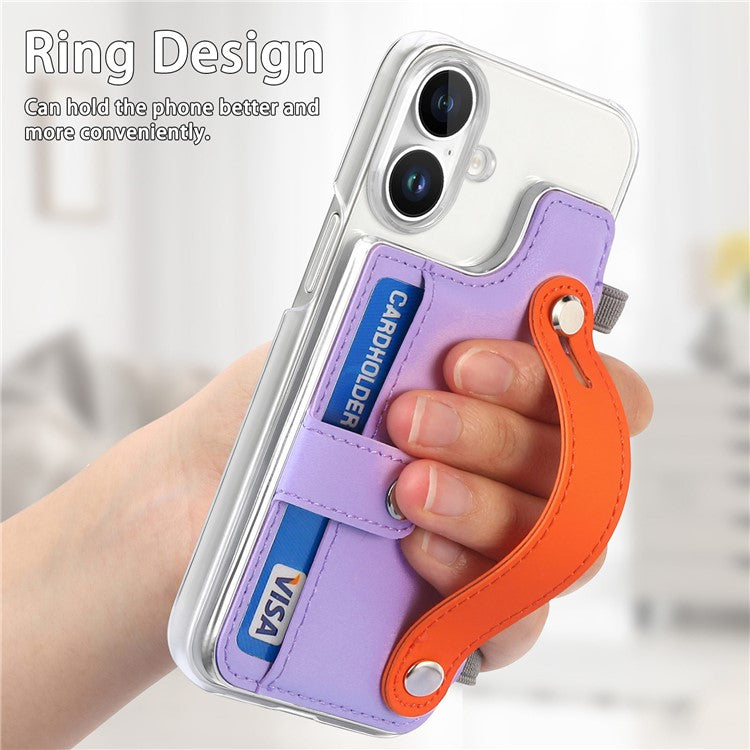 CY1 For iPhone 16 Plus Case Card Slot Wristband Kickstand Leather+PC Phone Cover - Purple