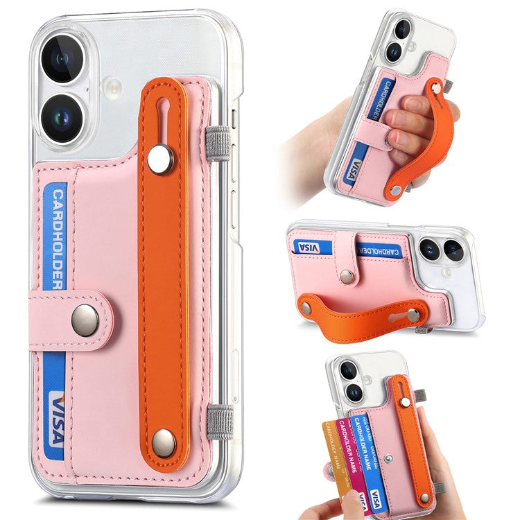 CY1 For iPhone 16 Plus Case Card Slot Wristband Kickstand Leather+PC Phone Cover - Pink
