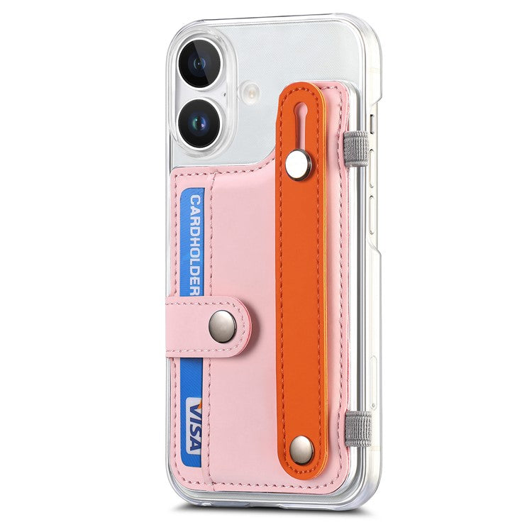 CY1 For iPhone 16 Plus Case Card Slot Wristband Kickstand Leather+PC Phone Cover - Pink