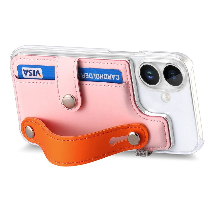CY1 For iPhone 16 Plus Case Card Slot Wristband Kickstand Leather+PC Phone Cover - Pink