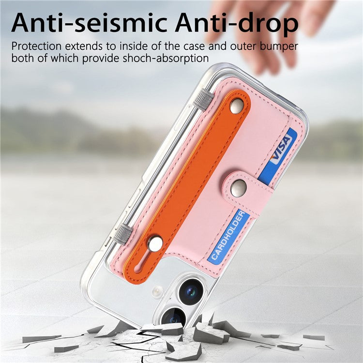 CY1 For iPhone 16 Plus Case Card Slot Wristband Kickstand Leather+PC Phone Cover - Pink