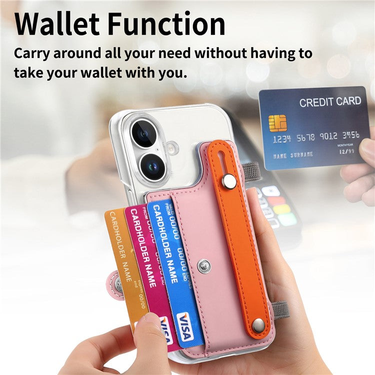 CY1 For iPhone 16 Plus Case Card Slot Wristband Kickstand Leather+PC Phone Cover - Pink