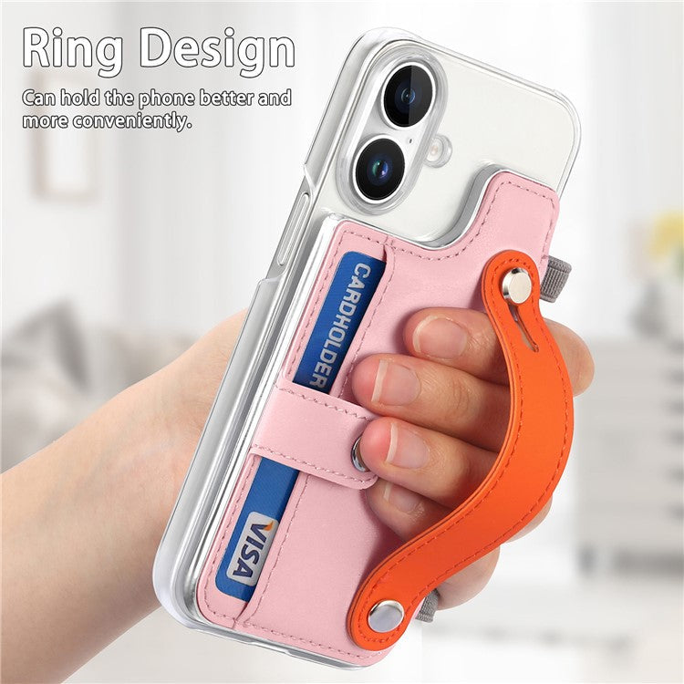 CY1 For iPhone 16 Plus Case Card Slot Wristband Kickstand Leather+PC Phone Cover - Pink