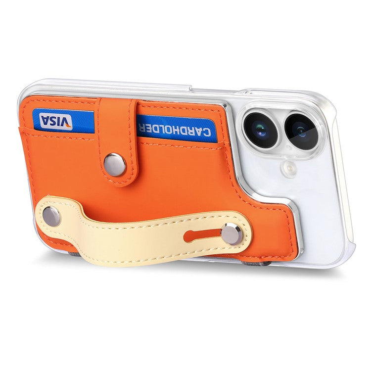 CY1 For iPhone 16 Plus Case Card Slot Wristband Kickstand Leather+PC Phone Cover - Orange