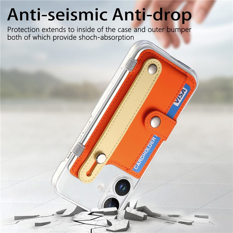 CY1 For iPhone 16 Plus Case Card Slot Wristband Kickstand Leather+PC Phone Cover - Orange
