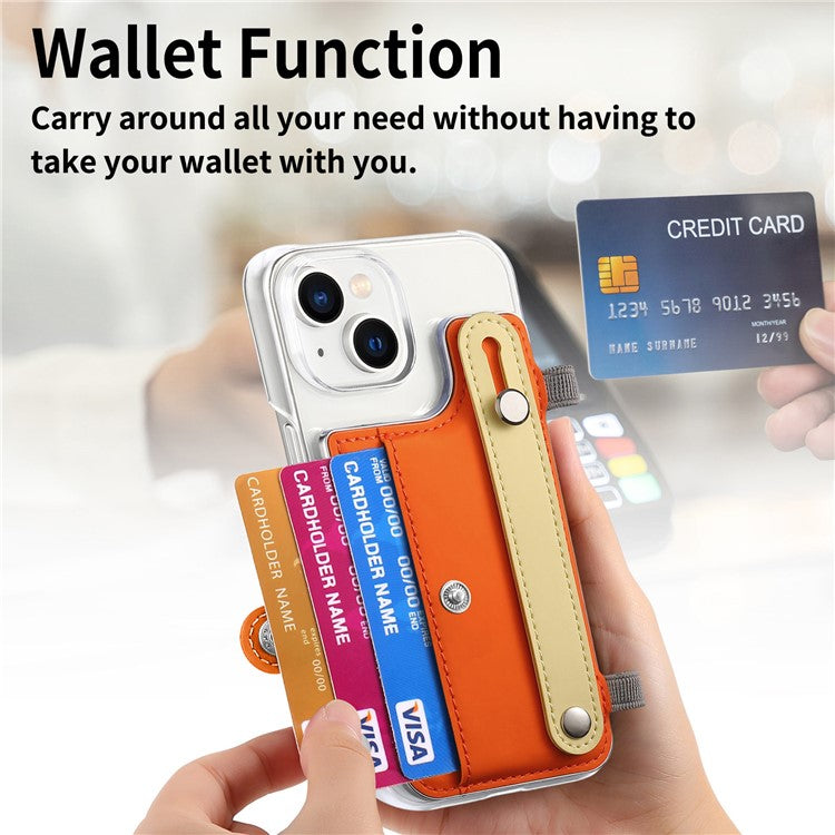 CY1 For iPhone 16 Plus Case Card Slot Wristband Kickstand Leather+PC Phone Cover - Orange