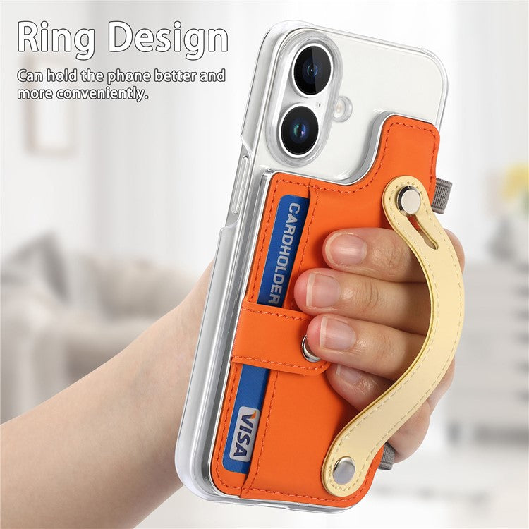 CY1 For iPhone 16 Plus Case Card Slot Wristband Kickstand Leather+PC Phone Cover - Orange