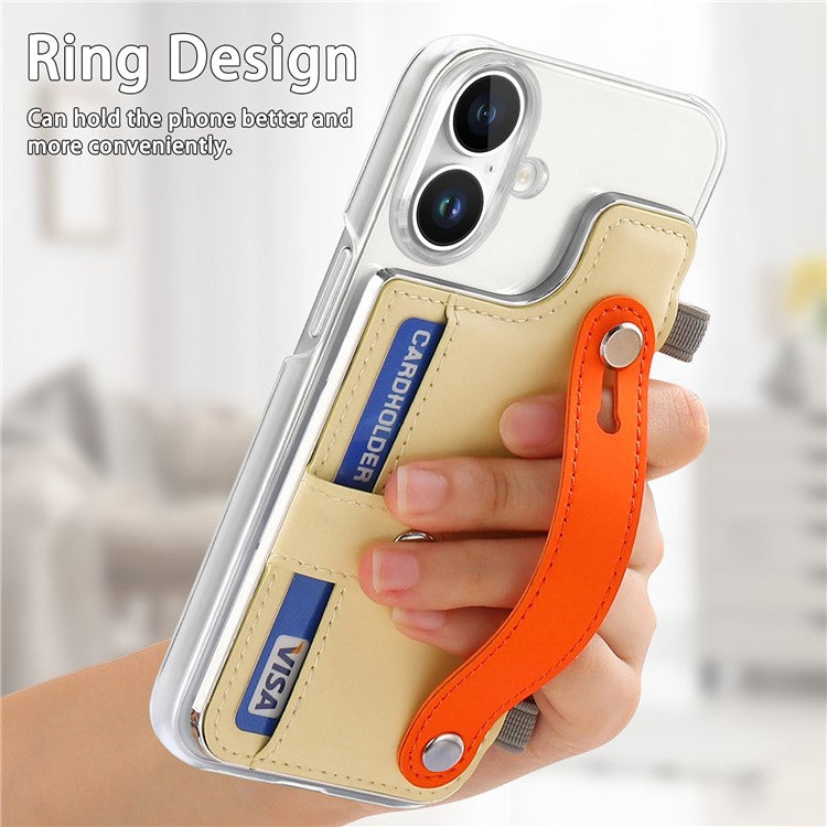 CY1 For iPhone 16 Plus Case Card Slot Wristband Kickstand Leather+PC Phone Cover - Yellow