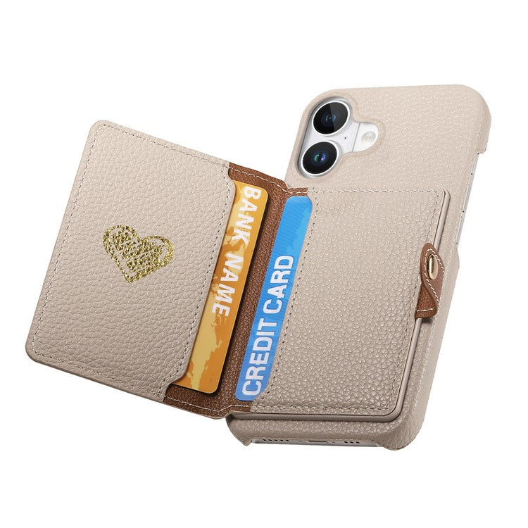 Y4 For iPhone 16 Case Zipper Pocket Leather+TPU Phone Cover Card Holder Kickstand - Khaki