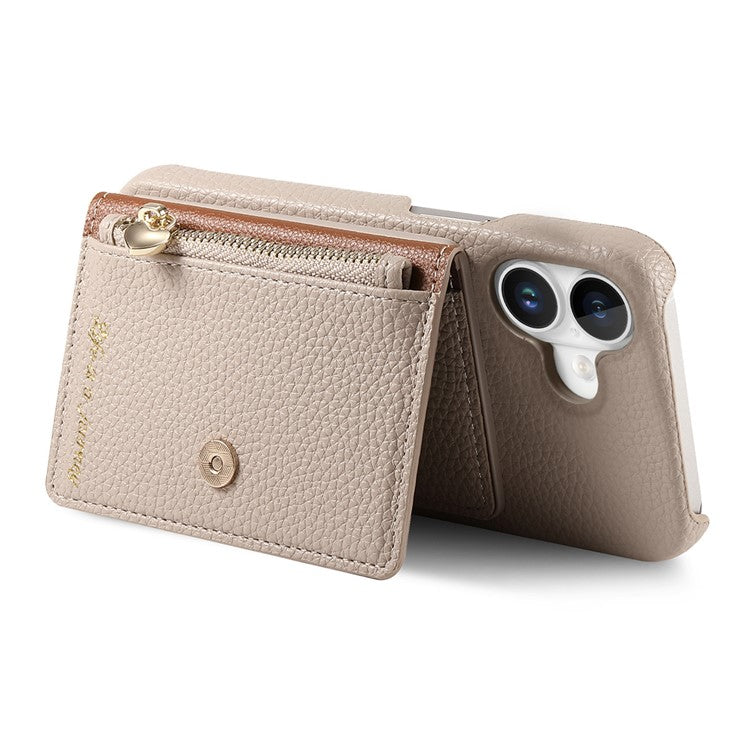 Y4 For iPhone 16 Case Zipper Pocket Leather+TPU Phone Cover Card Holder Kickstand - Khaki