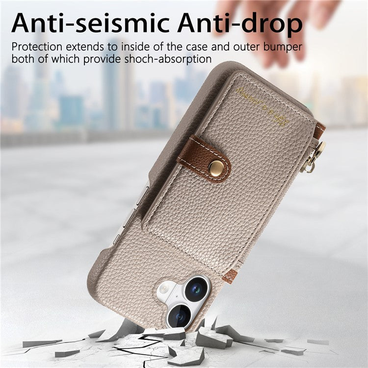 Y4 For iPhone 16 Case Zipper Pocket Leather+TPU Phone Cover Card Holder Kickstand - Khaki