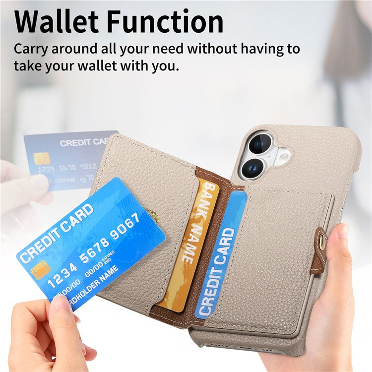 Y4 For iPhone 16 Case Zipper Pocket Leather+TPU Phone Cover Card Holder Kickstand - Khaki