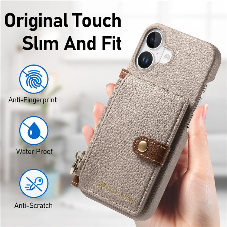 Y4 For iPhone 16 Case Zipper Pocket Leather+TPU Phone Cover Card Holder Kickstand - Khaki