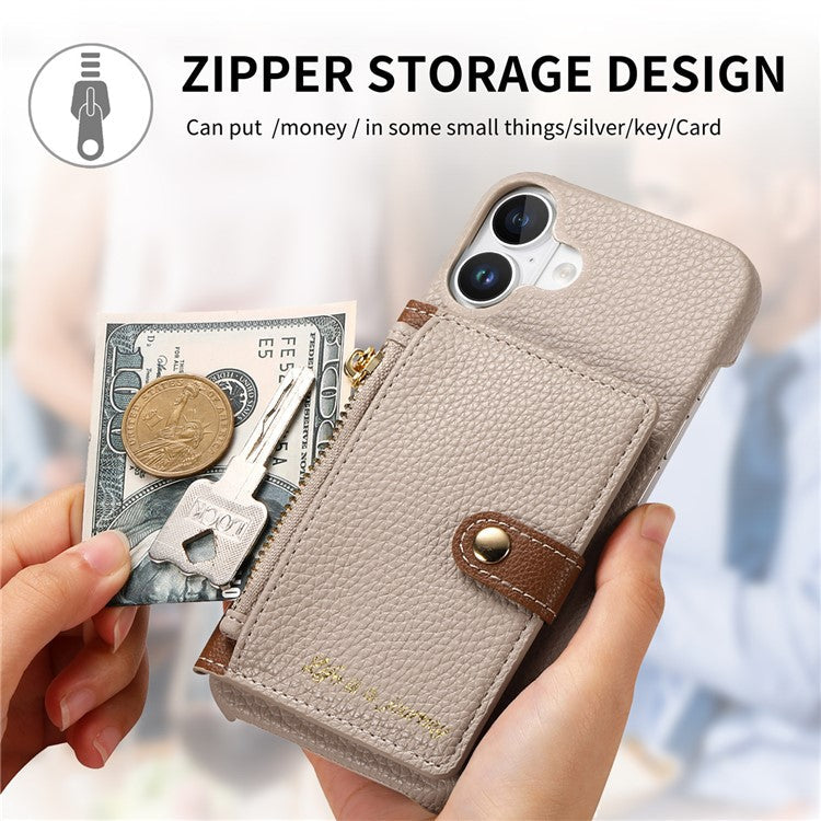 Y4 For iPhone 16 Case Zipper Pocket Leather+TPU Phone Cover Card Holder Kickstand - Khaki